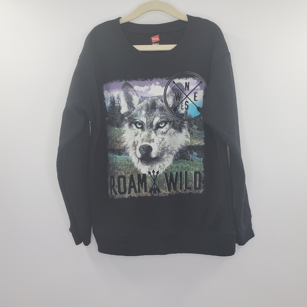 Roam Wild Wolf Big Graphic Crew neck Sweater Black - Picture 1 of 5